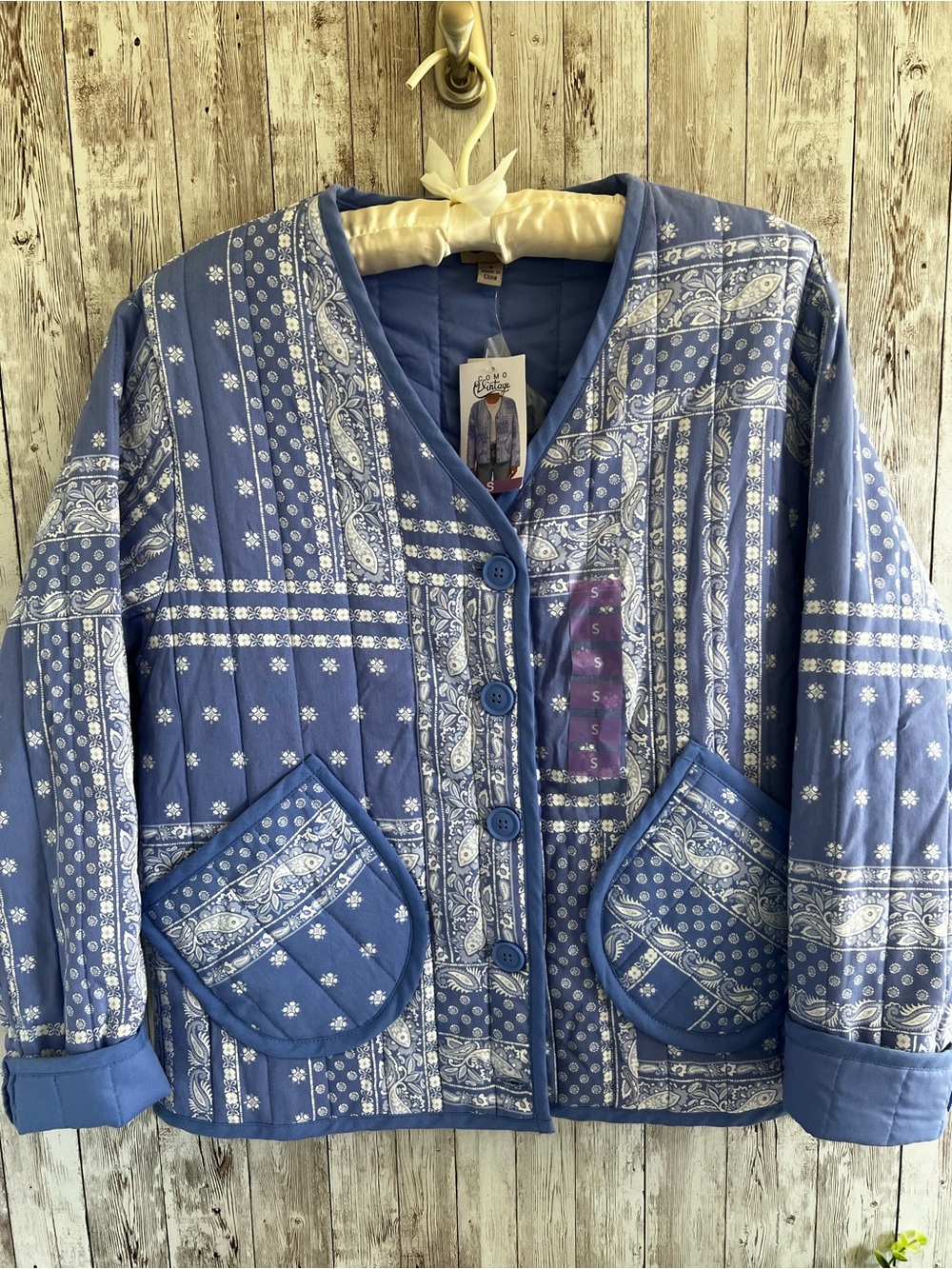 Como Vintage Blue Coastal Paisley Bandana Quilted Button-Up Jacket Light NEW S
